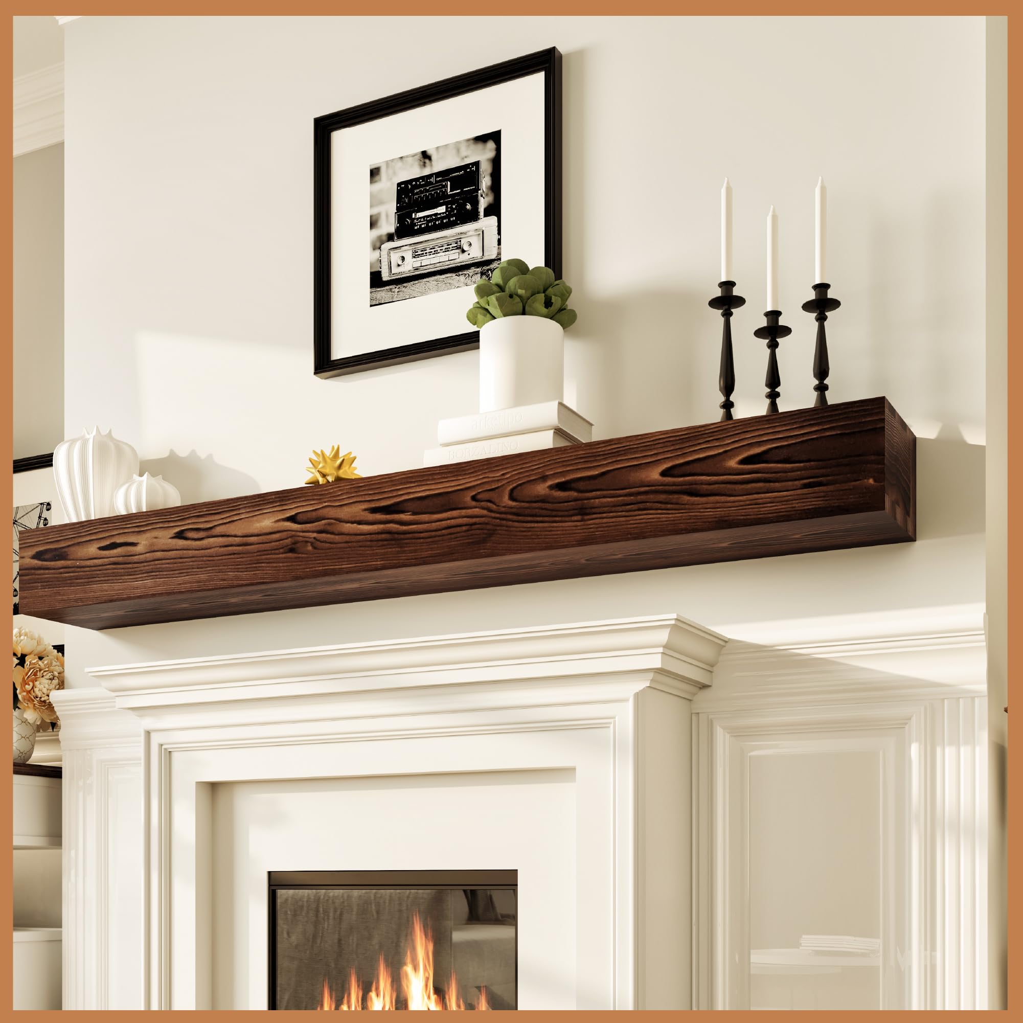 Avana Rustic Fireplace Mantle Shelf 84 Inches for Home Decor/Wall Decor - Handcrafted Wood Shelf for Wall - Decorative Fireplace Mantel Shelf - Farmhouse Mantle Decor 84 X 8 X 5 inches - Rustic Brown
