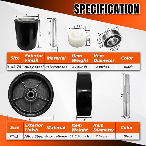 Miniatura 16 de Juego completo de ruedas de carga para gato de palés/camión con ejes y rodillo de salida de entrada de 3 "x 3.75" con rodamientos ID 0.787 in Red