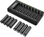 Remboursé AA Batteries avec chargeur, POWEROWL 8 Boîte de 2800mAh Batteries Ni-MH Double A à faible décharge à haute capacité avec Smart 8 Chargeur de batterie Bay (USB Chargement rapide, Fente indépendante)