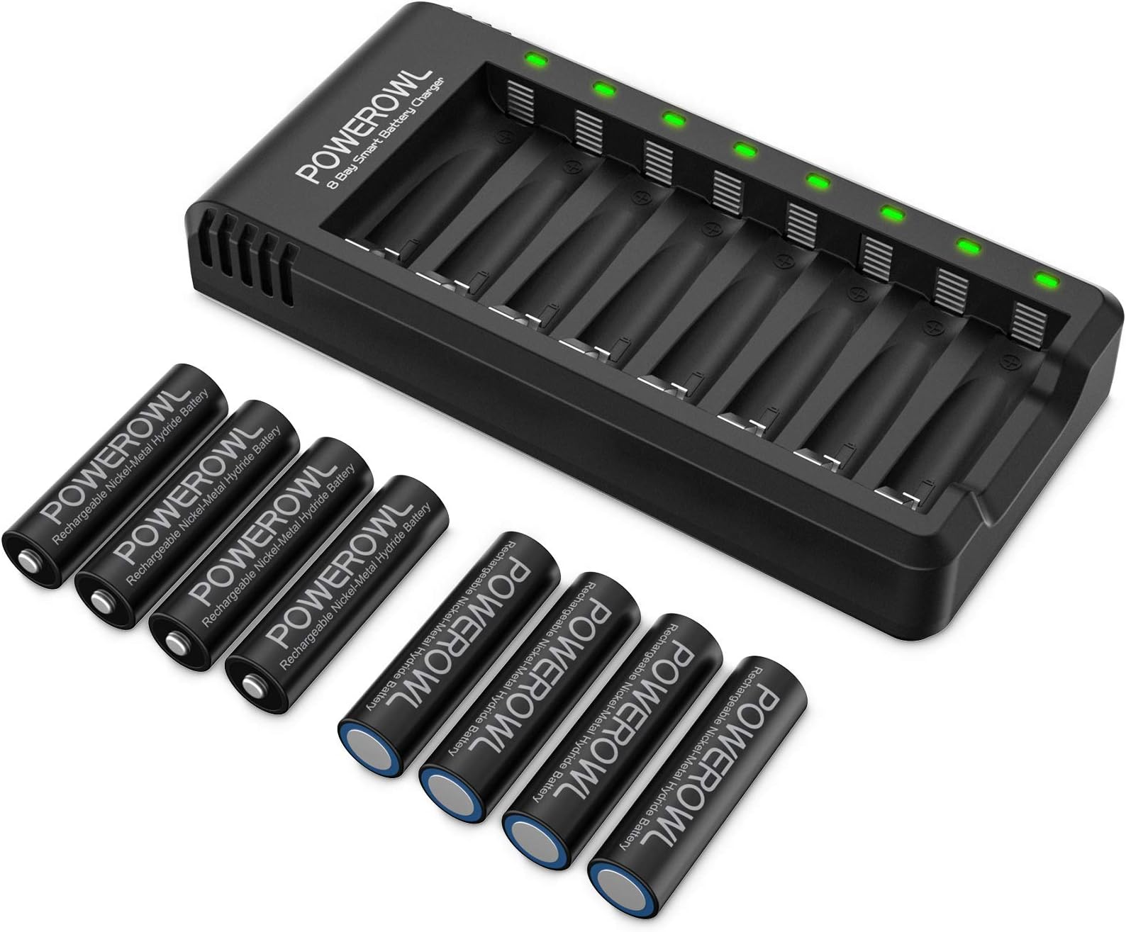 POWEROWL Rechargeable AA Batteries with Charger, 8 Pack of 2800mAh High Capacity Low Self Discharge Ni-MH Double A Batteries with Smart 8 Bay Battery Charger (USB Fast Charging, Independent Slot)