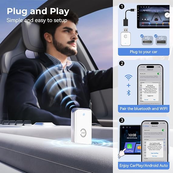 CZOCPOS Wireless Carplay Adapter for iPhone, 2 in 1 Plug and Play Mini CarPlay and Android Auto Adapter for iOS 10 Android 11 and Above, Convert Wired Car Play to Wireless (Pure White)