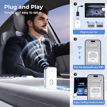 CZOCPOS Wireless Carplay Adapter for iPhone, 2 in 1 Plug and Play Mini CarPlay and Android Auto Adapter for iOS 10 Android 11 and Above, Convert Wired Car Play to Wireless (Pure White)