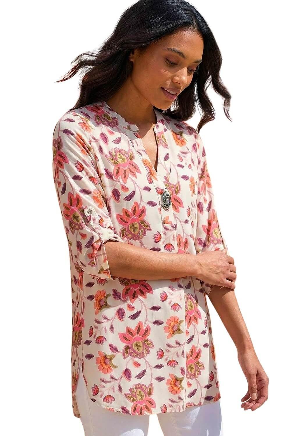Roman Women's Floral Print Button V-Neck Tunic Top in Coral | Size: 20