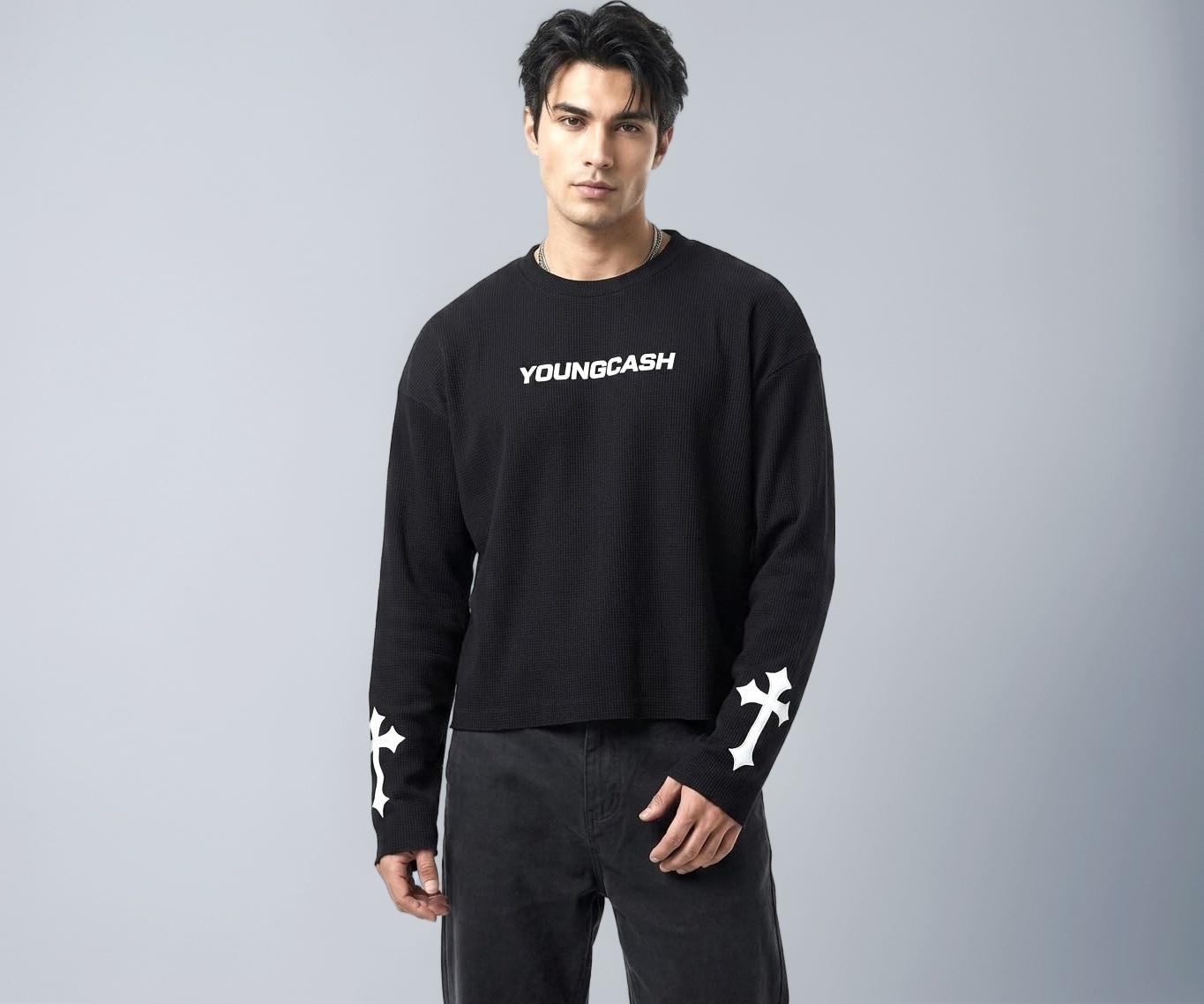 YoungCash Men's Black Waffle Knit Cropped Long Sleeve T-Shirt - Image 1