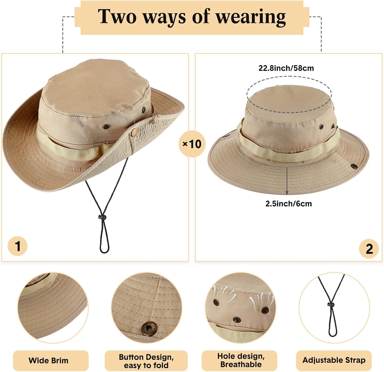 Berlune 40 Pcs Bucket Hat Bulk Wide Brim Boonie Hats Safari Fishing Sun Hat with Chin Strap for Men Women Hiking Travel Golf