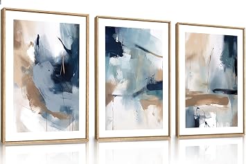 CHDITB Large Abstract Navy Blue Framed Canvas Wall Art,Neutral Brush Stroke Wall Decor,Modern Pastel Brown Wall Painting,Minimalist Shapes Artwork for Living Room,Bedroom,Office(40x60cm)