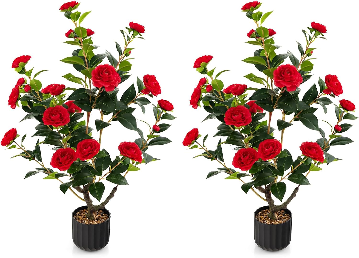 Artificial Camellia Tree Set of 2, 38” Tall Potted Plants Artificial Decoration w/Cement Pot, 24 Flowers, Decorative Bonsai, Faux Plant Greenery for Indoor Living Room Office Dining Room