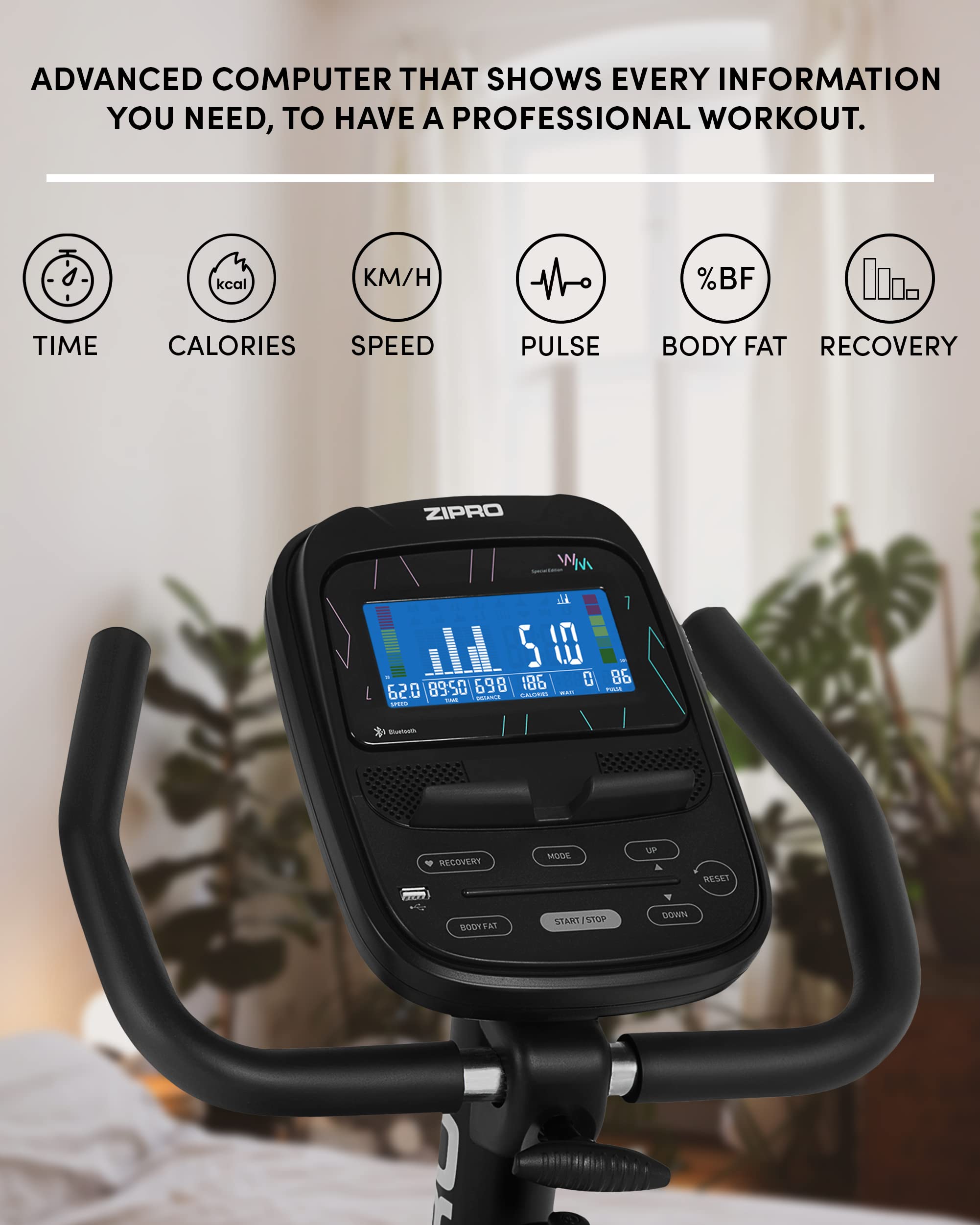 Zipro Bicicleta de entrenamiento en casa Iconsole+ Glow, Bicicletas estáticas, Bicicleta magnética de entrenamiento, Bicicleta ergométrica 150kg, Bicicleta de interior, Bicicleta de entrenamiento