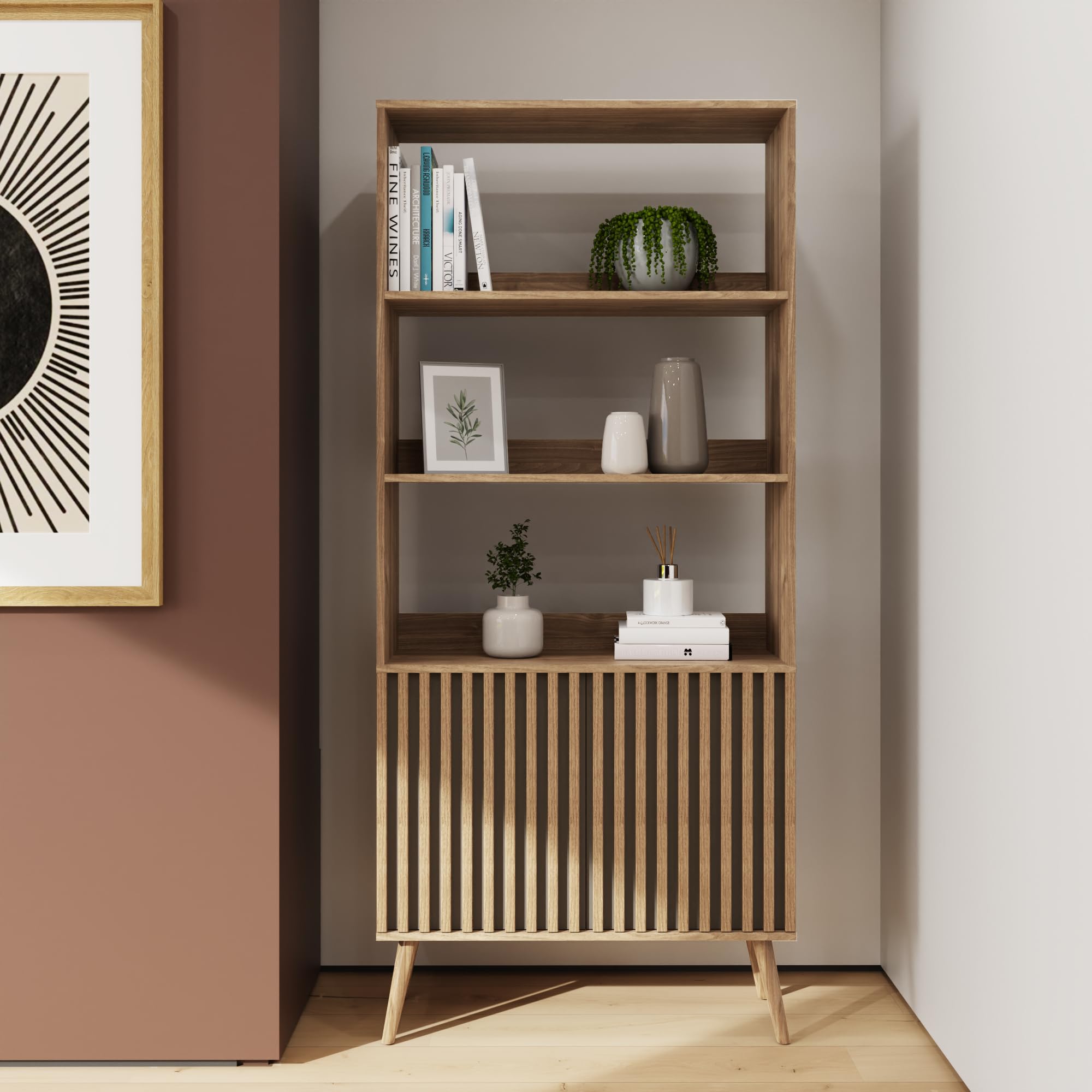 GFW Rowan Bookcase with Shelves & Cupboard Storage, Oak Effect Display Unit with Slatted Detailing for Living Room or Office