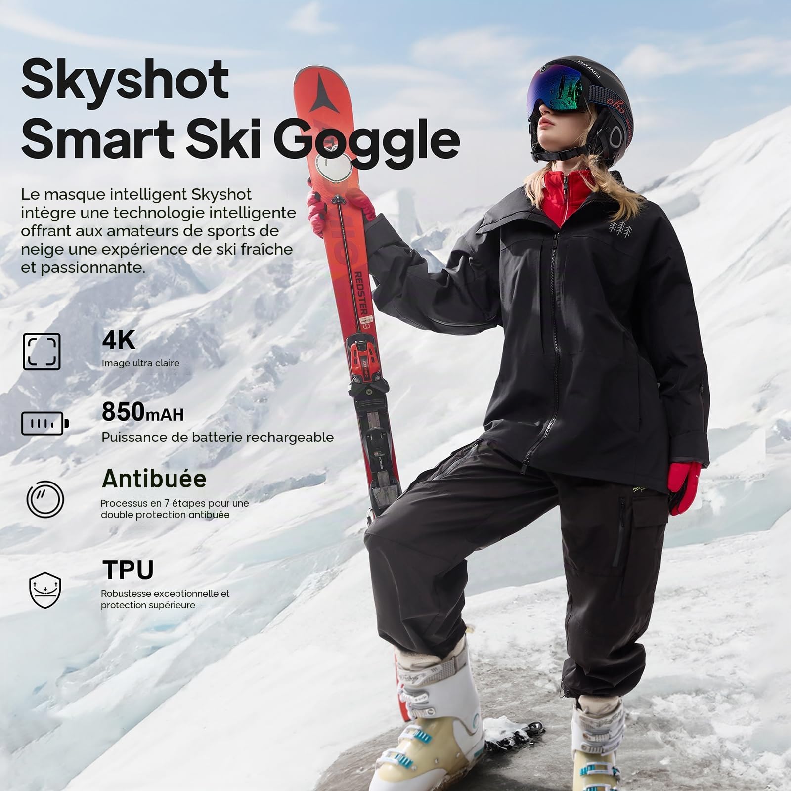 OHO 4K Smart Ski Goggles with Camera, UV400 Anti-Fog Durable Lens for Ski
