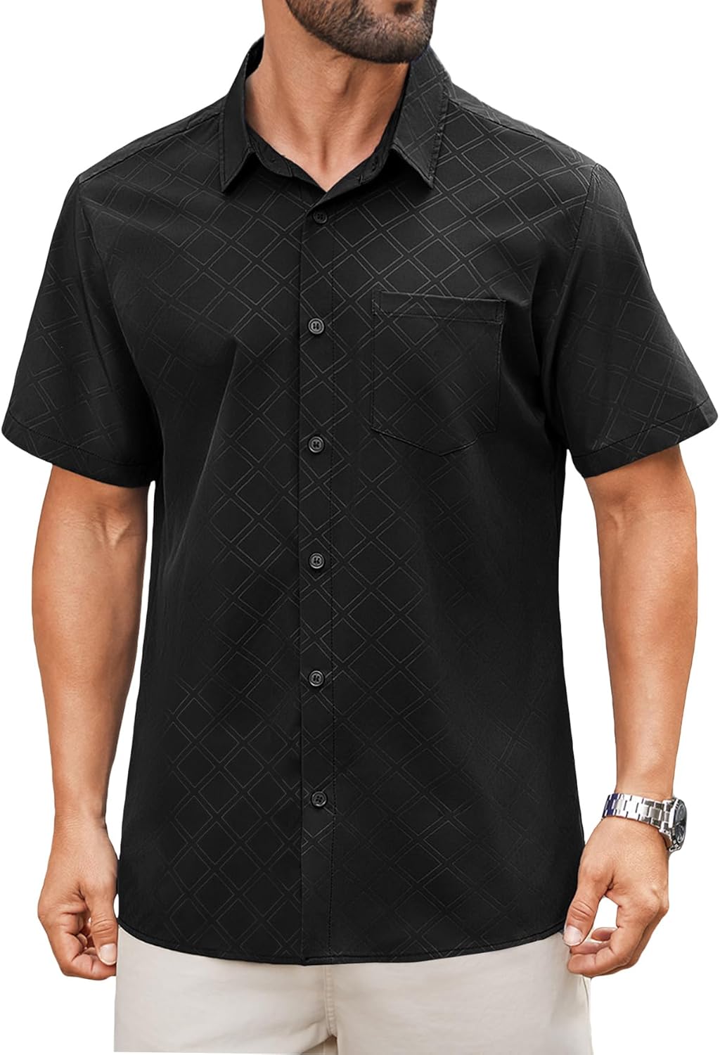 Hardaddy Men's Casual Button Down Shirt Short Sleeve Four-Way Stretch Printed Button Up Business Dress Shirt for Men