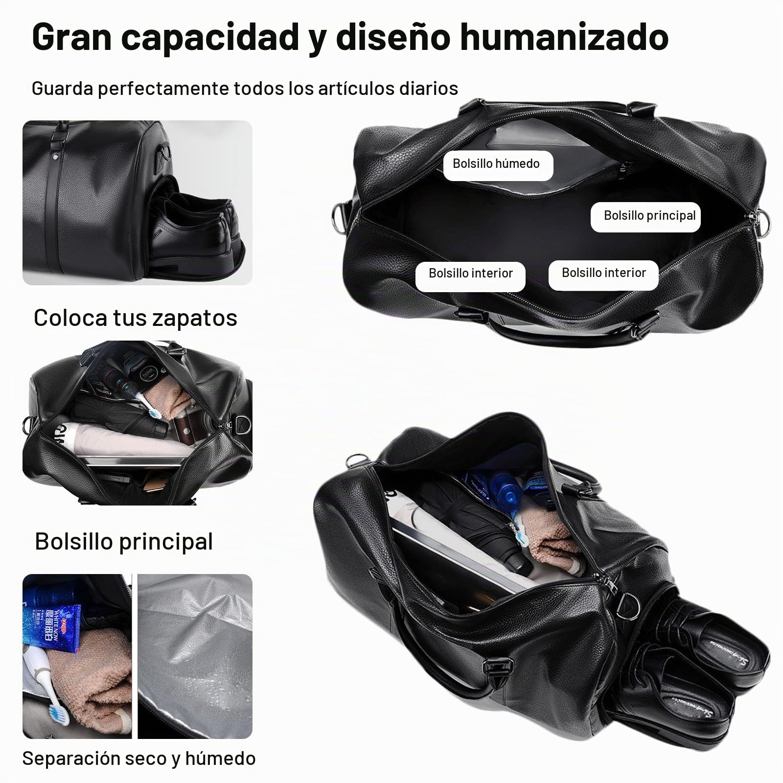 FANDARE Bolsa de Viaje para Mujer Hombre Bolsa de Deporte Bolsa de Mano Equipaje Bolsas de Deporte Negocio Bolsa de Gimnasio con Zapato Compartimento Impermeable PU Cuero Bolso de Viaje Cabina