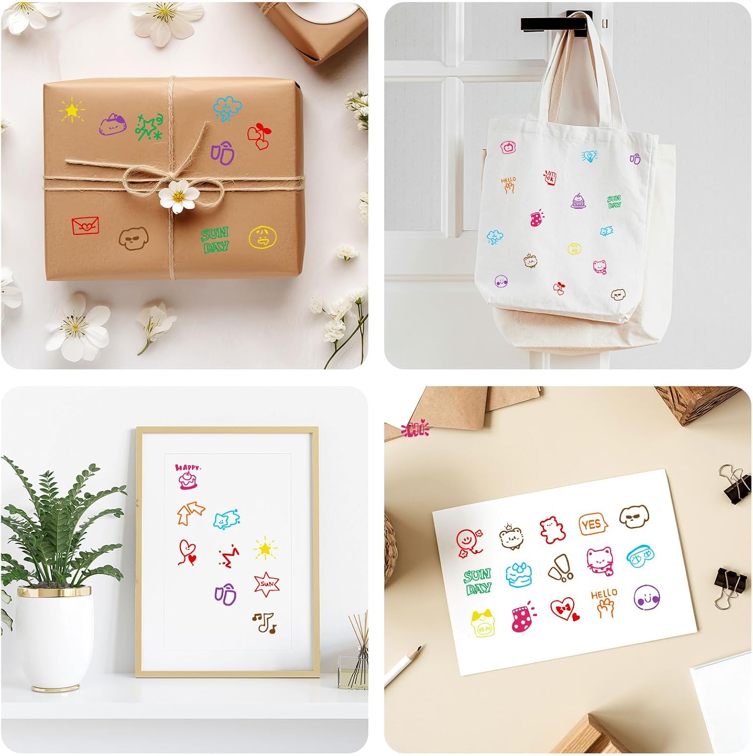JarThenaAMCS 44 Pcs Full of Energy Wooden Rubber Stamps Kit with Craft Ink Pads Cute Daily Pattern DIY Craft Stamps for Decorative Diary Planner Scrapbook Card Making Letters Journal