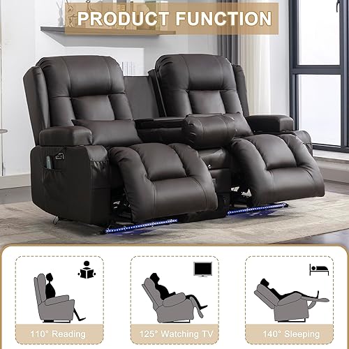 Miniatura 3 de URRED Sofá reclinable de dos plazas con masaje y calor, sofá biplaza reclinable eléctrico con consola, asiento de cine en casa con luces LED,