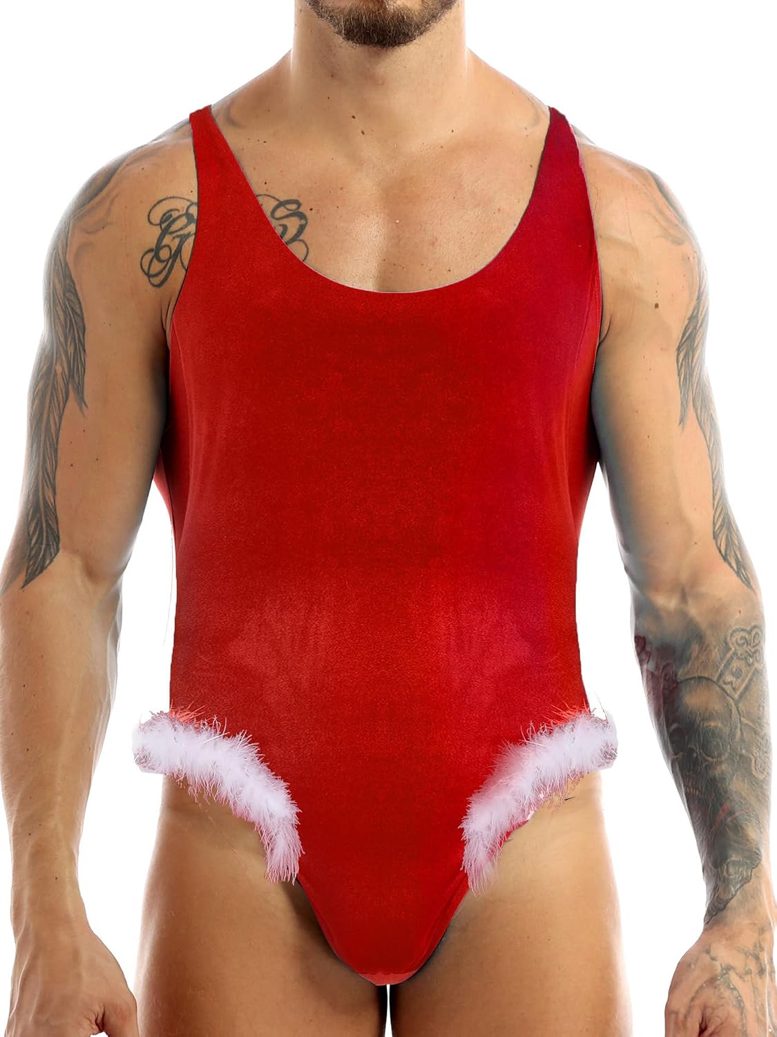 YiZYiF Men's Christmas Bodysuits Sexy Santa Claus Costume Velvet Lingerie Cosplay Party Underwear