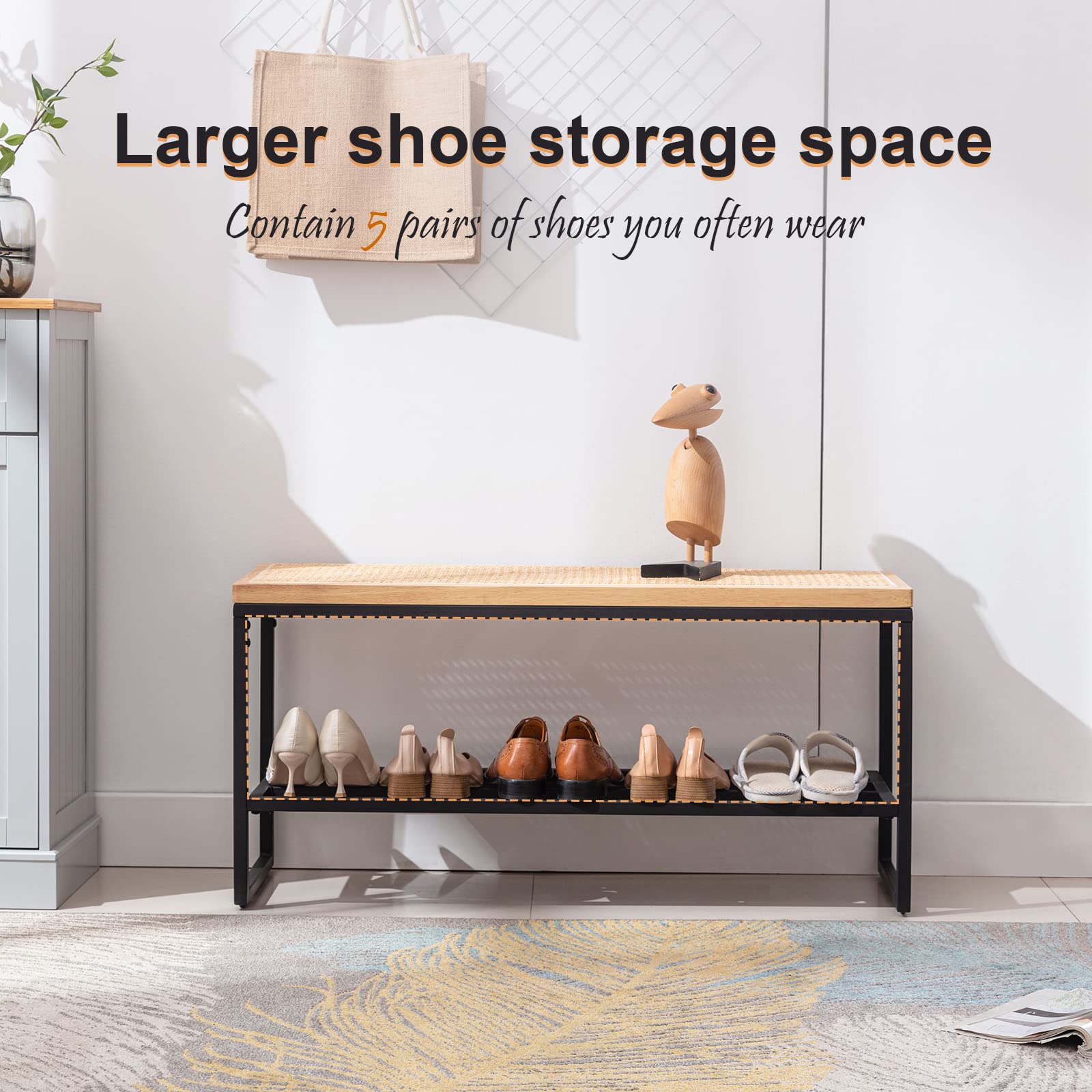 ONEVOG Entryway Rattan Solid Wood Storage Bench, 40.6" 2 Tier Mudroom Organizer, Modern Front Door Hat/Glove Long Shoe Bench Easy Assembly for Living Room, Hallway, Bedroom