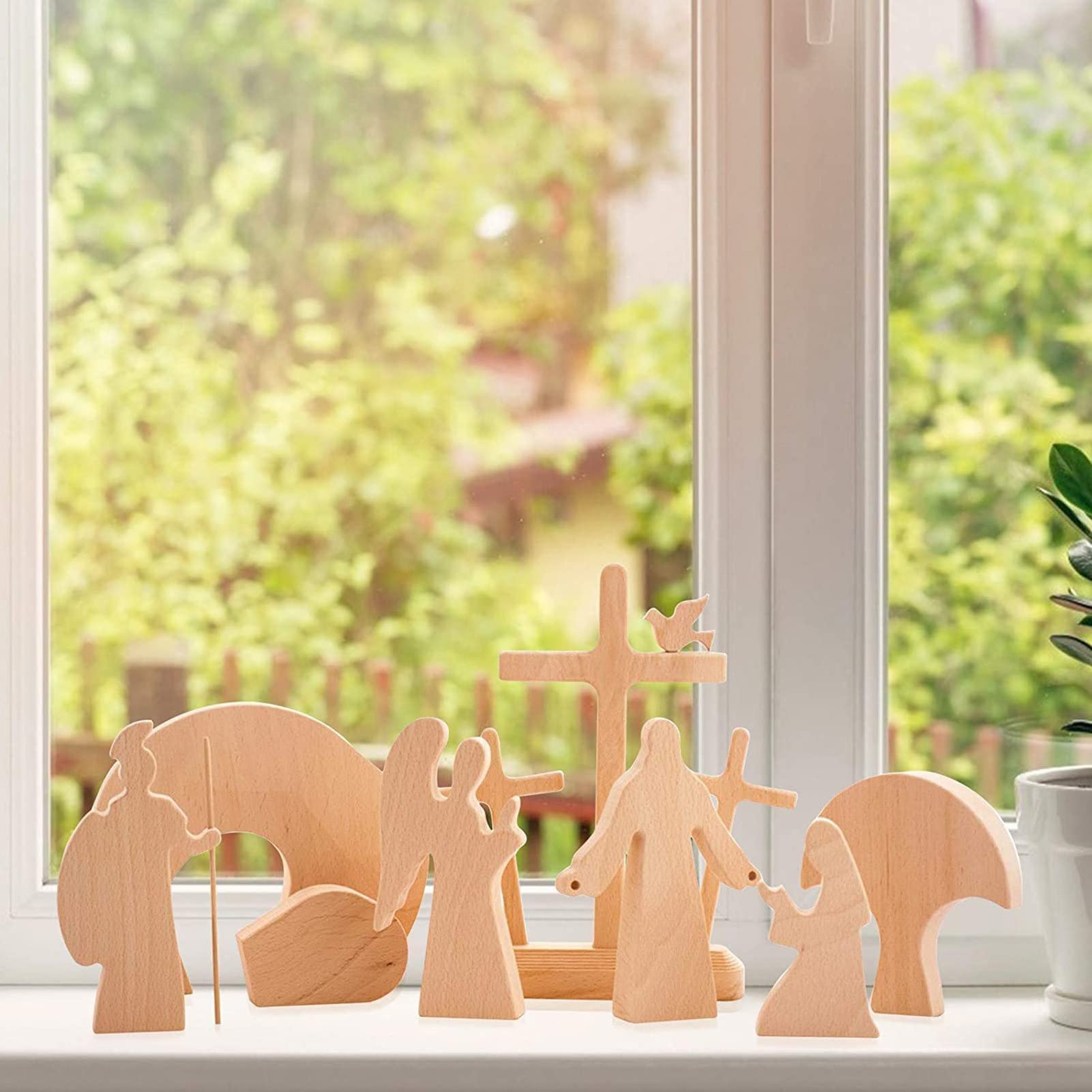 Osterkrippe Holz Osterszene Dekorations Set, Handgefertigte Jesus Krippe, Holzkreuz Osterfigur Osterdekoration Auferstehungs Szenen Set Krippenfiguren Aus Holz Für Zuhause, Tisch, Büro