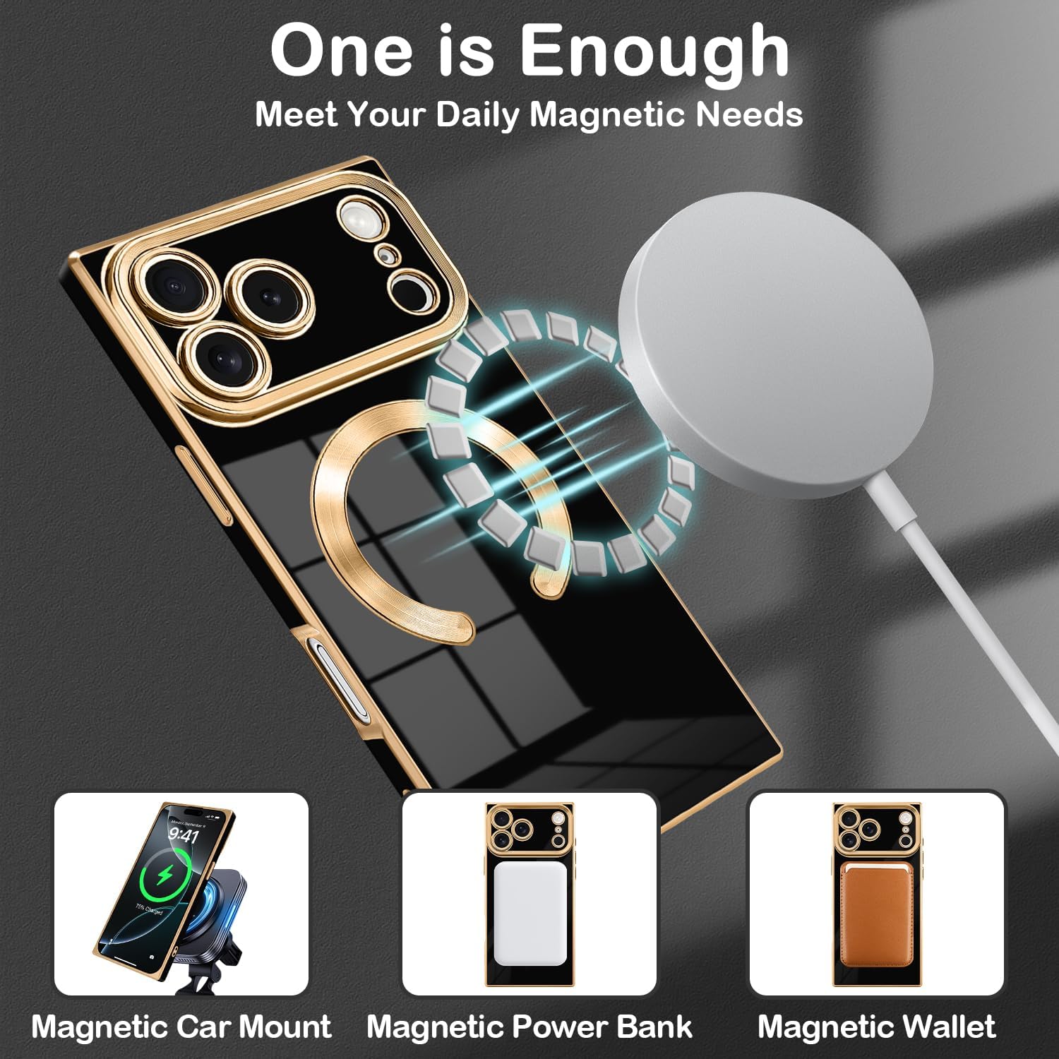 Magnetic for iPhone 17 Pro Max Case Rectangle, Compatible with Magsafe Wireless, Plated Soft TPU with Full Lens Protection, Military Grade Shockproof Phone Case for iPhone 17 Pro Max Black - Image 2