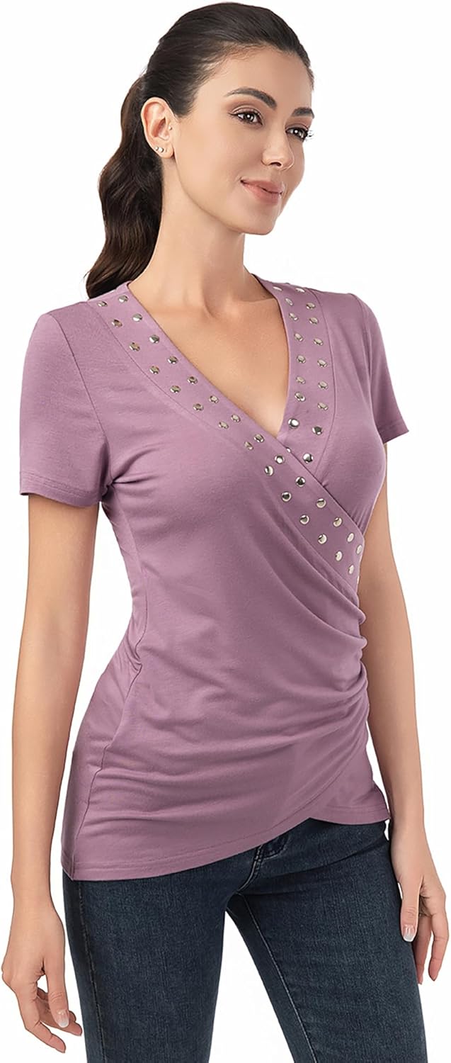 AmélieBoutik Women Deep V Neck Cross Wrap Top Slim Fitted Stud Trim Short Sleeve Blouse Top