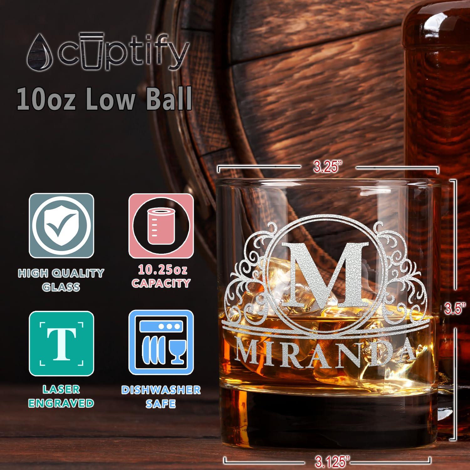 Exquisite 10.25 oz Personalized Bourbon Glass - Elaborate Circle Monogram - Custom Etched Whiskey Glasses Set of 2 - Old Fashioned Rocks Cocktail Glass - Ideal Gift for Men and Women