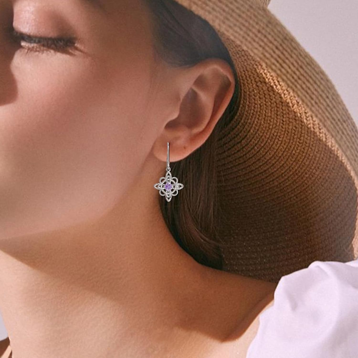 925 Sterling Silver Celtic Knot Dangle Earrings for Women Purple Cubic Zirconia Witches Knot Birthstone Leverback Earrings Wicca Irish Jewelry Nudo de Bruja Birthday Gifts for Wife Girlfriend Mom - Image 5