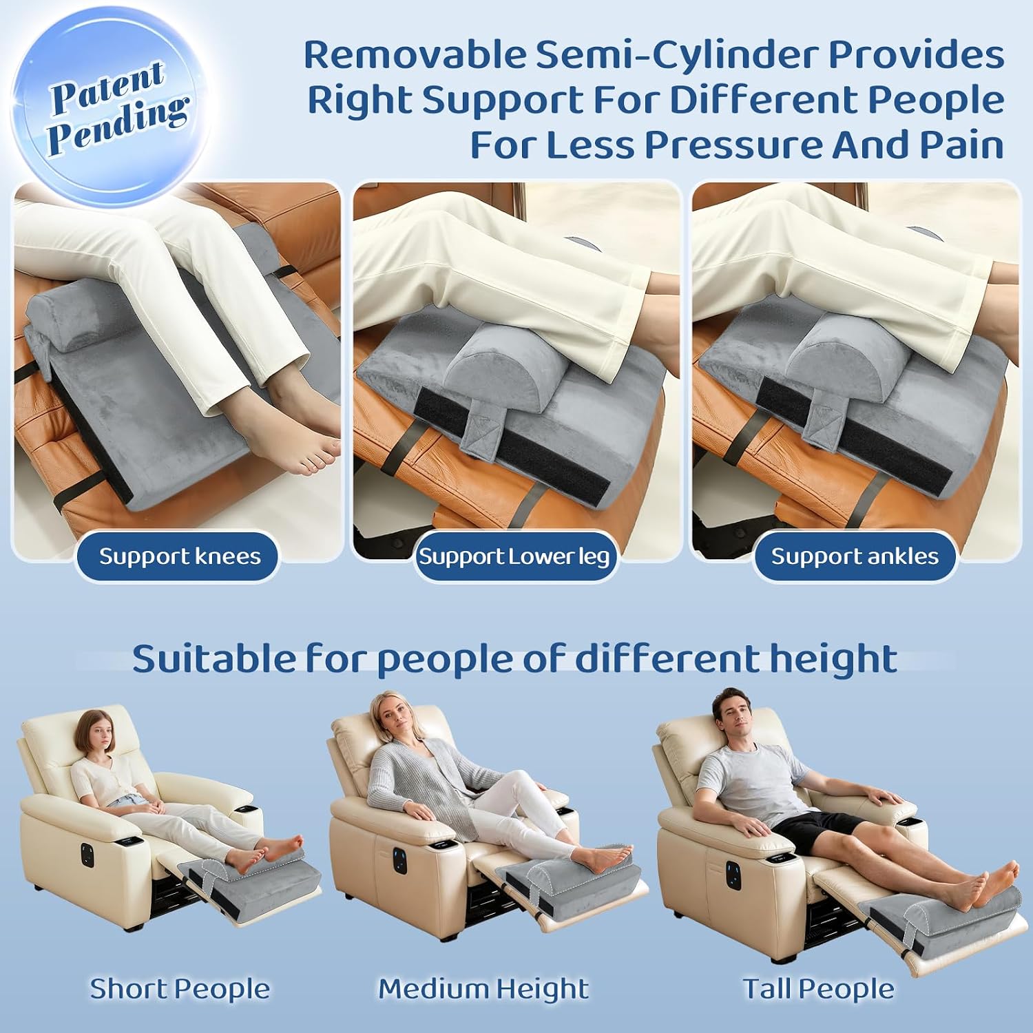Recliner Foot Rest Cushion - Recilner Leg Rest Cushion with Removable Semi-Cylinder for Superior Support, Adjustable Recliner Foot Rest Extender, Recilner Leg Pillow with 2 Straps, Grey