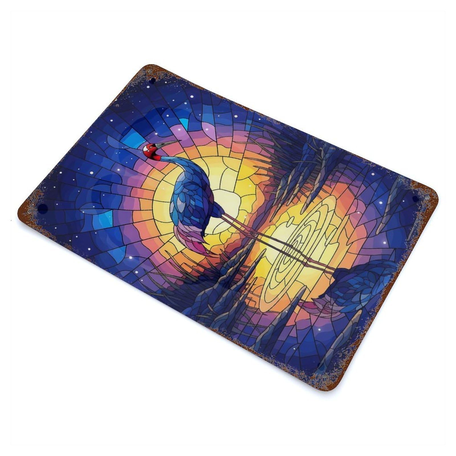 Stained Glass Crane at Sunset Retro Metal Sign 11.8"x7.9", Vintage Wall Decor for Garage, Pub Or Kitchen