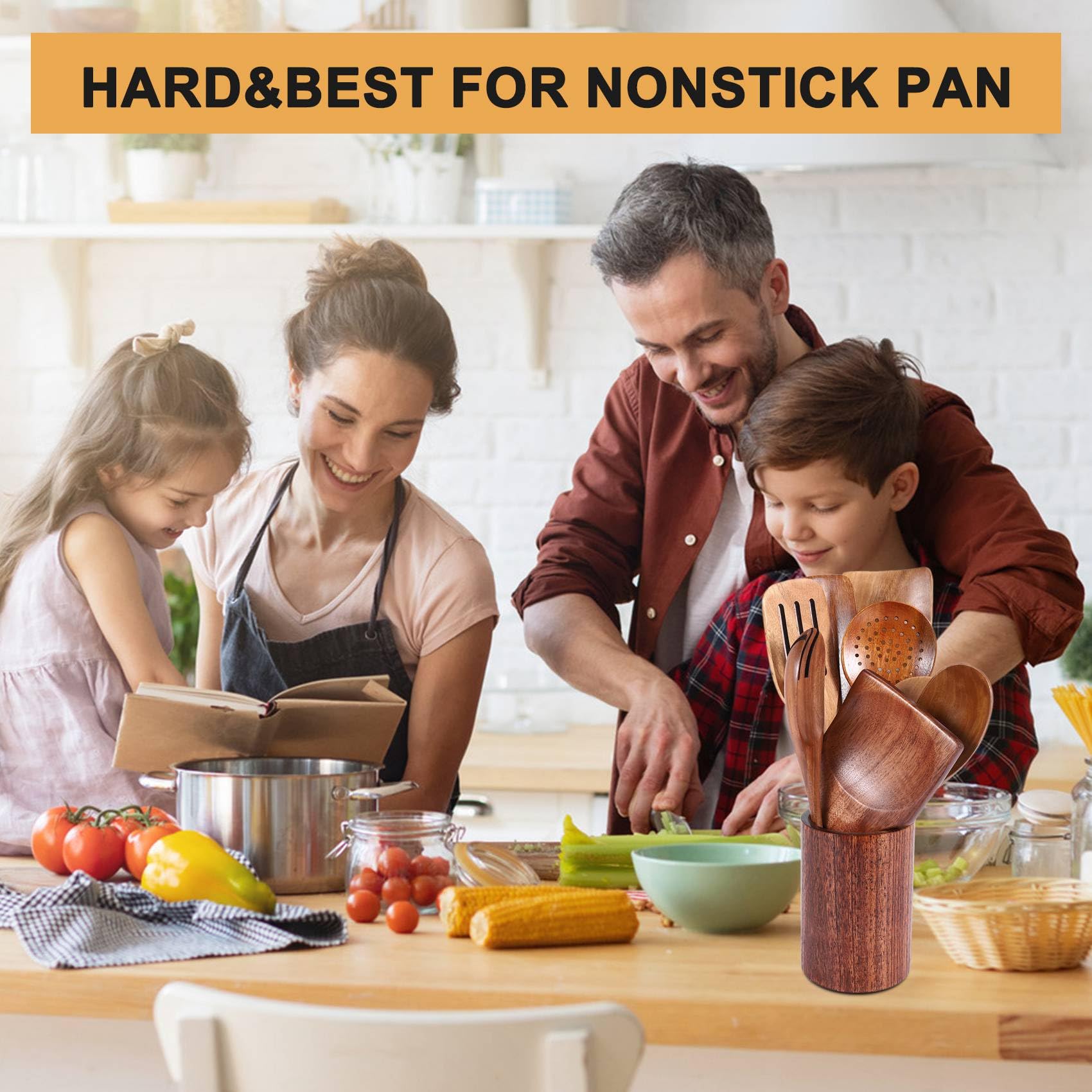 9PCS Kochbesteck-Set mit Halter, Kochlöffel, Pfannenwender Schöpfkelle Schaumlöffel, Spatel, Holzlöffel zum Kochen, Hitzebeständig & Praktisch, Teakholz Küchenutensilien Set
