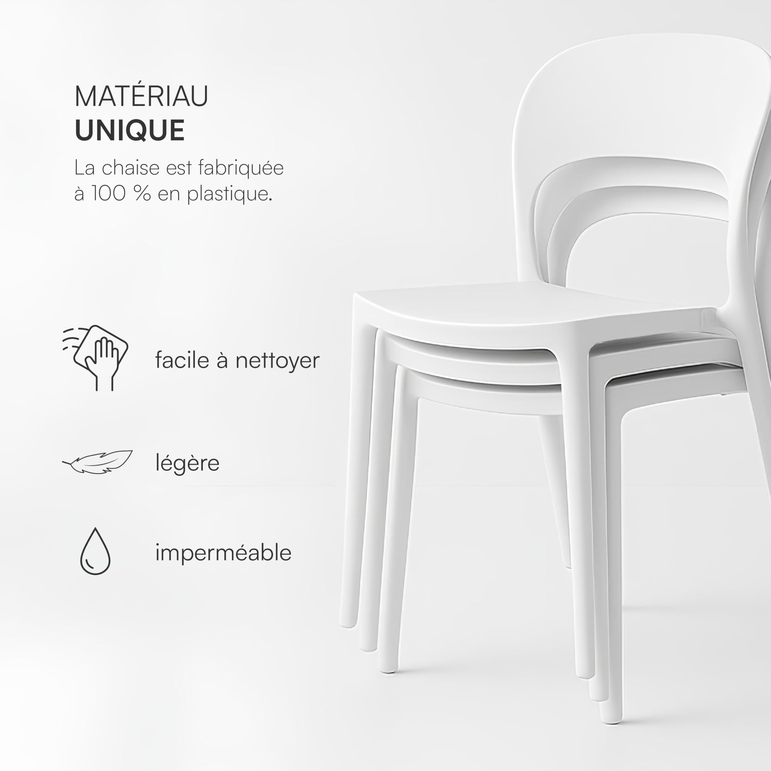 Baroni Home Lot de 4 Chaises en Plastique Blanc – Empilables, sans Montage, Faciles à Nettoyer, avec Patins Aantidérapants, pour Cuisine, Salon, Salle à Manger, Extérieur 41x38x77 cm, Dossier Arrondi