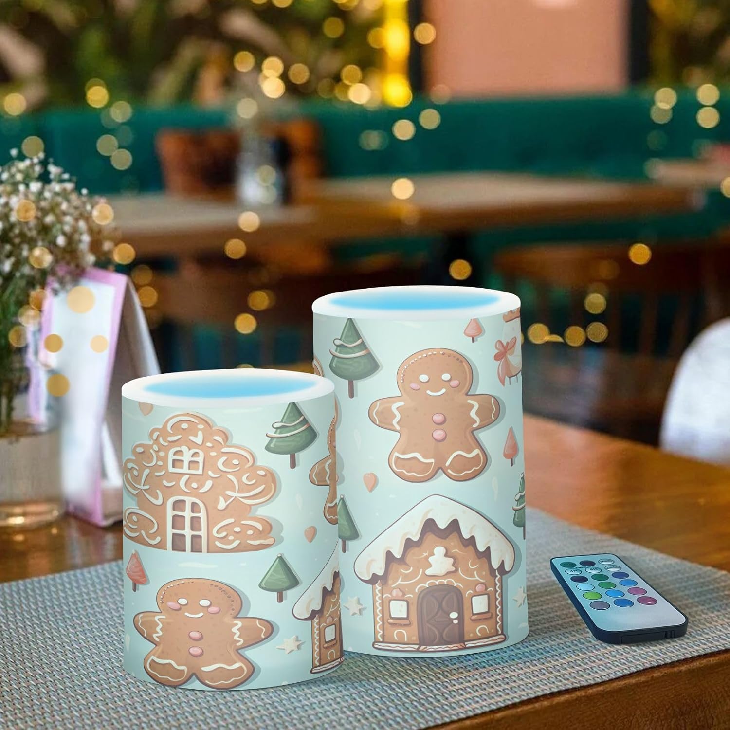 ALAZA Merry Christmas Gingerbread Snowman Flickering Flameless Candles Pillar Led Candles Battery Operated Candles with Remote and Timers Set of 2