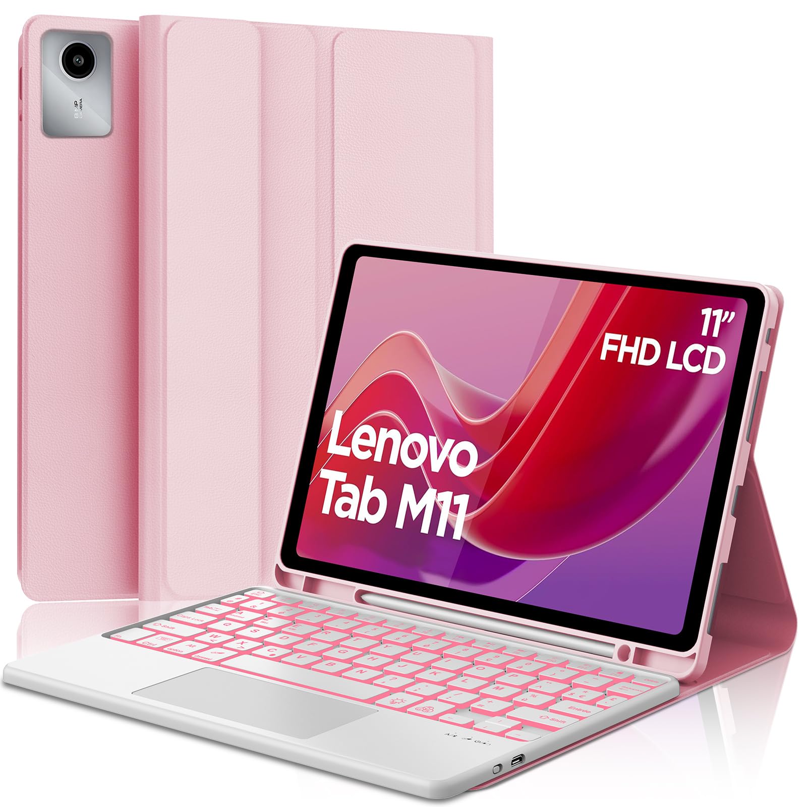 Teclado para Lenovo Tab M11 con panel táctil y funda retroiluminada rosa 8