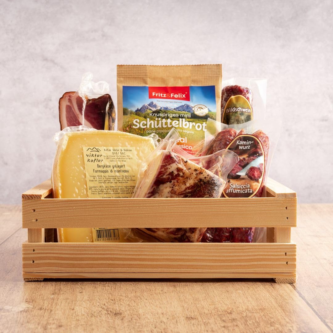 Südtiroler Gruß Geschenkbox in Holzkiste – Schüttelbrot, Speck, Kaminwurzen, Wildsalami & Bergkäse | Südtiroler Spezialitäten Set zum Verschenken