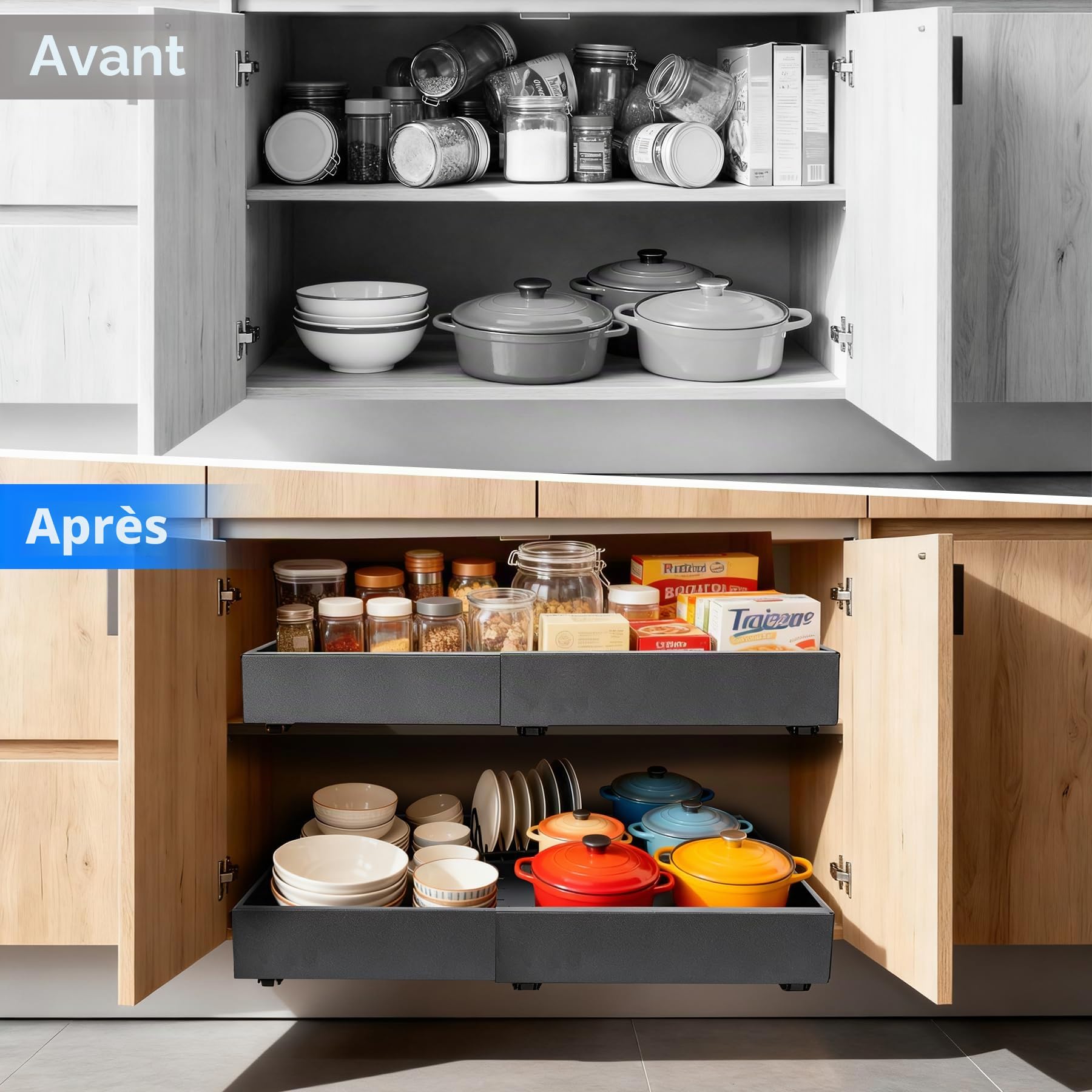 2PCS Tiroir Coulissant Cuisine Adhesif, Rangement Coulissant Placard Cuisine Avec 3 Guides Coulissants Autocollants, Sans perçage, Salle de Bain