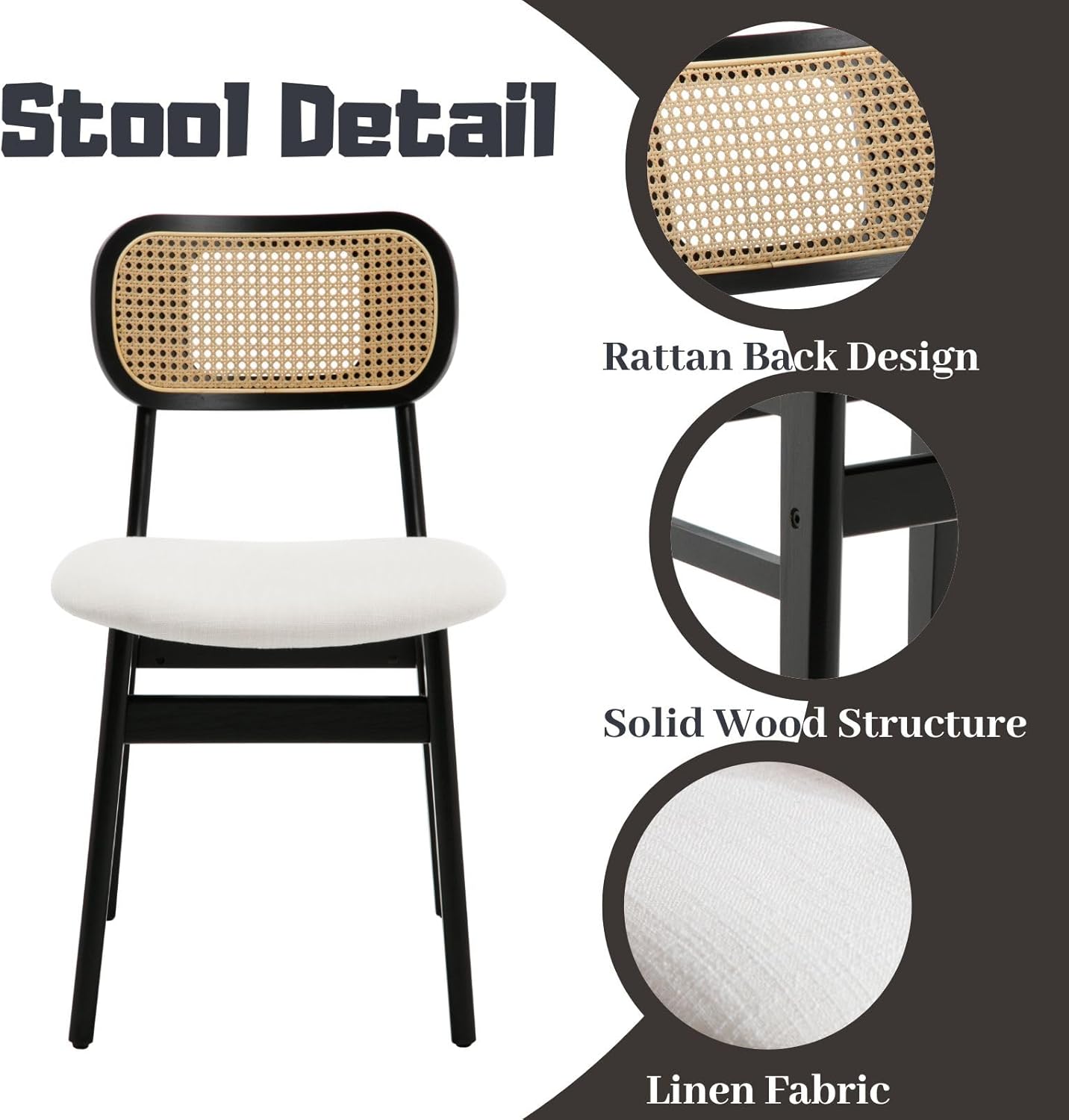 ROCITY Rattan Dining Chairs Set of 2 Black Linen Fabric Dining Room Chairs Natural Wooden Kitchen Chairs Farmhouse Boho