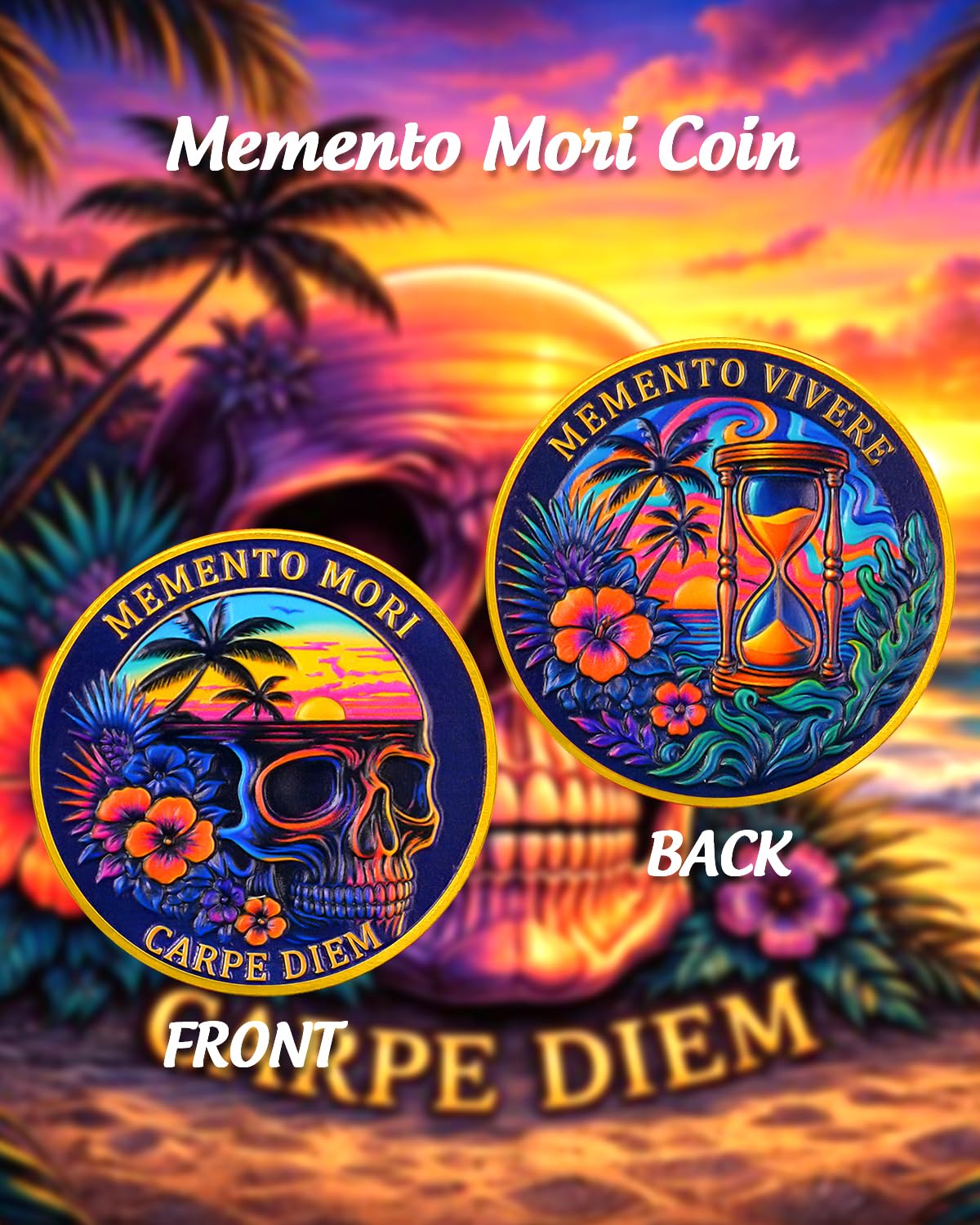 ACGZQY Skeleton Holiday Memento Mori Coin, -Sunset Skull Memento Vivere Coin, Carpe Diem Stoic EDC Challenge Coin - Image 2
