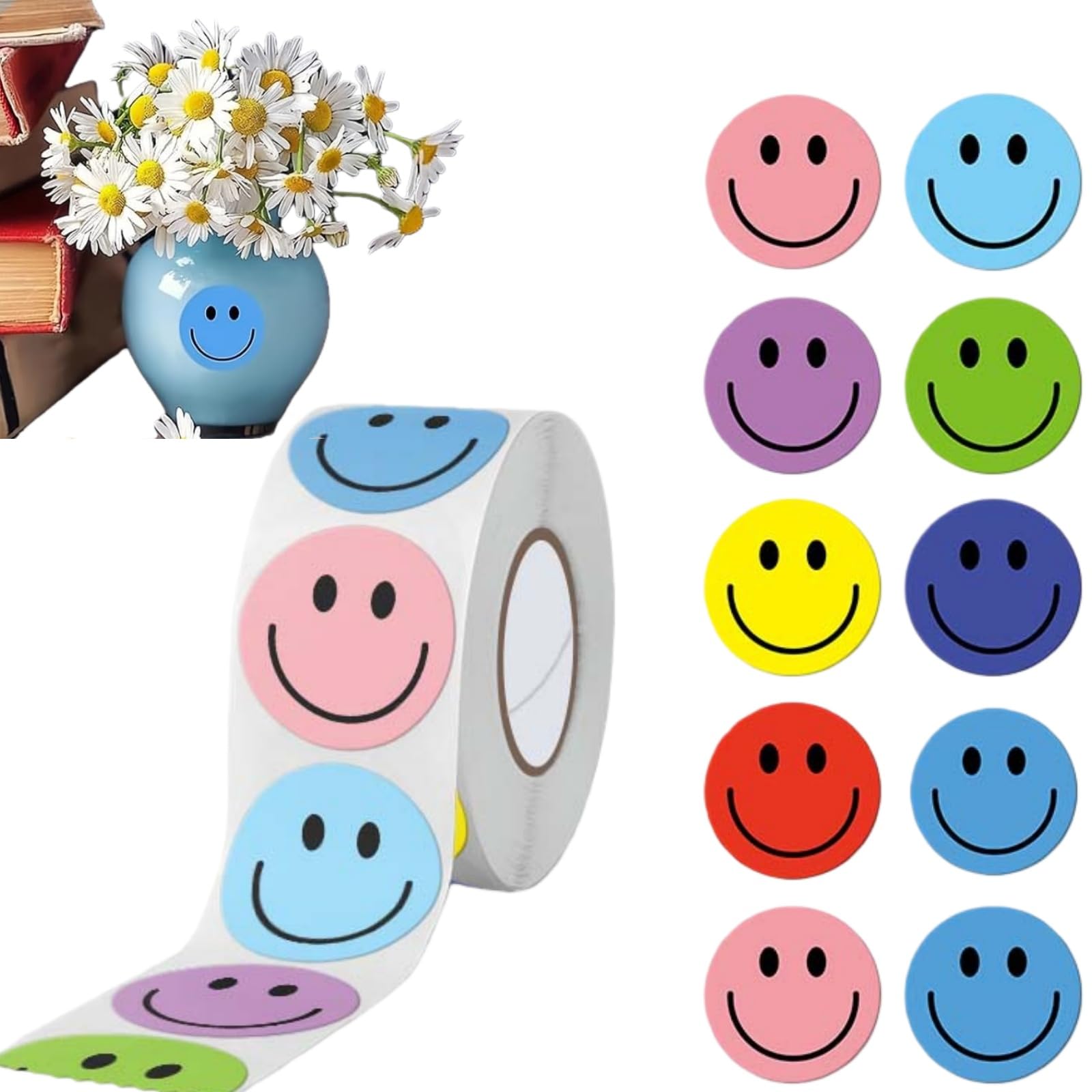 3 PCS Smiley Face Stickers Cute Happy Face Sticker Rolls,Waterproof Stickers for Teachers School