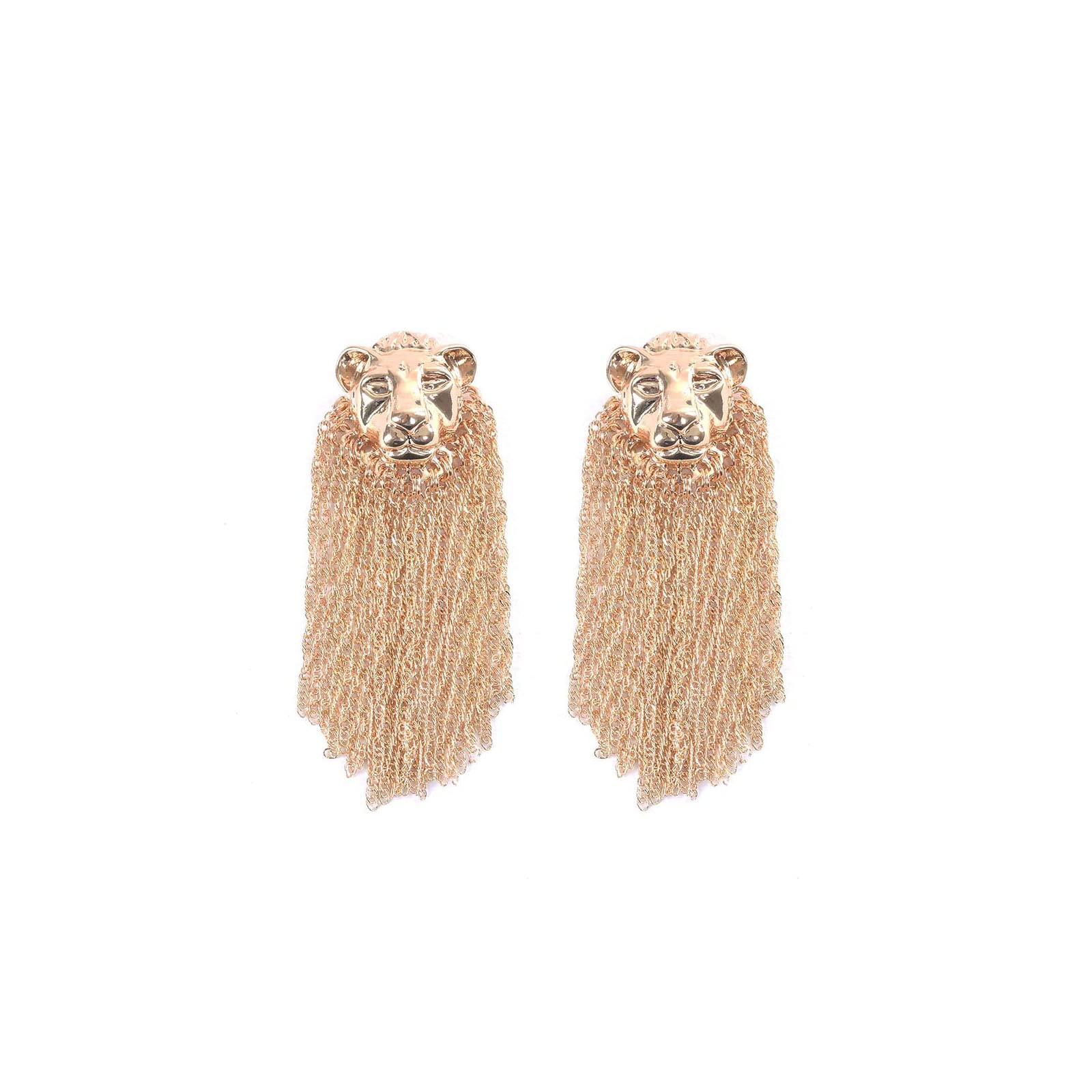 Boucles d'oreilles tête de lion en or à franges longues pendantes