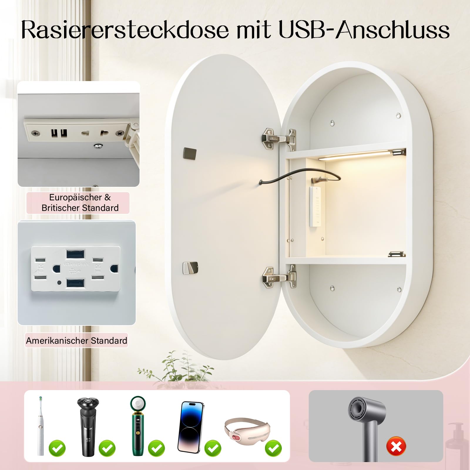 41cm×71cm Oval Spiegelschrank Bad mit Beleuchtung,LED-Spiegelschrank für das Badezimmer,3 Farbtemperaturen & Helligkeit einstellbar,Rasierdose mit USB-Anschluss,Innenbeleuchtung,Weiß