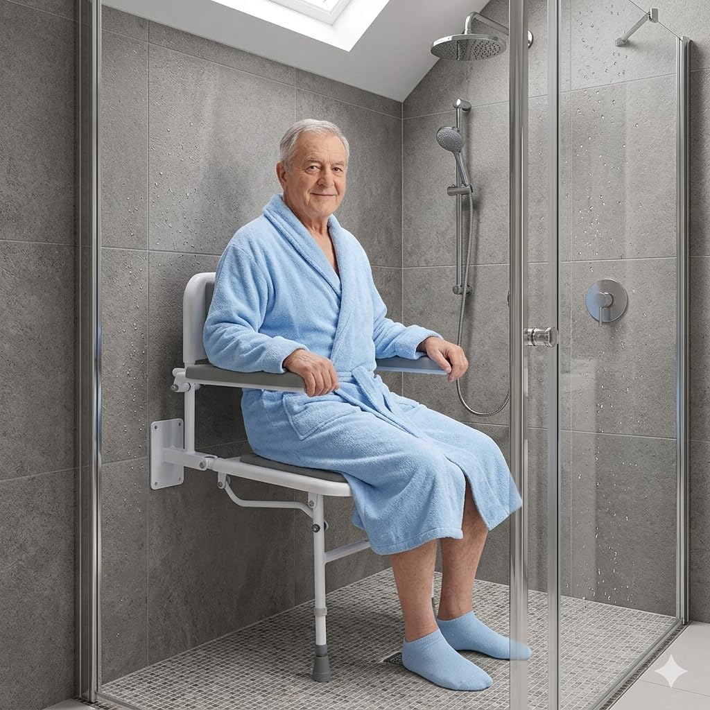Wall Mounted Foldable Shower Seat with Independently Folding Padded Arms, Back & Seat – Ideal for Seniors, Elderly, Pregnant Women, and Disabled Individuals – Adjustable Height for Customized Comfort