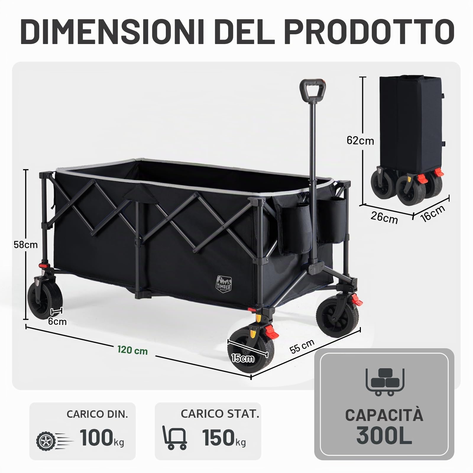 TIMBER RIDGE Trolley da festival con ruote, 300 l, compatto, pieghevole, carrello da spiaggia, carrello da campeggio con freni, carrello da giardino per carichi pesanti, carro da pesca e picnic, con