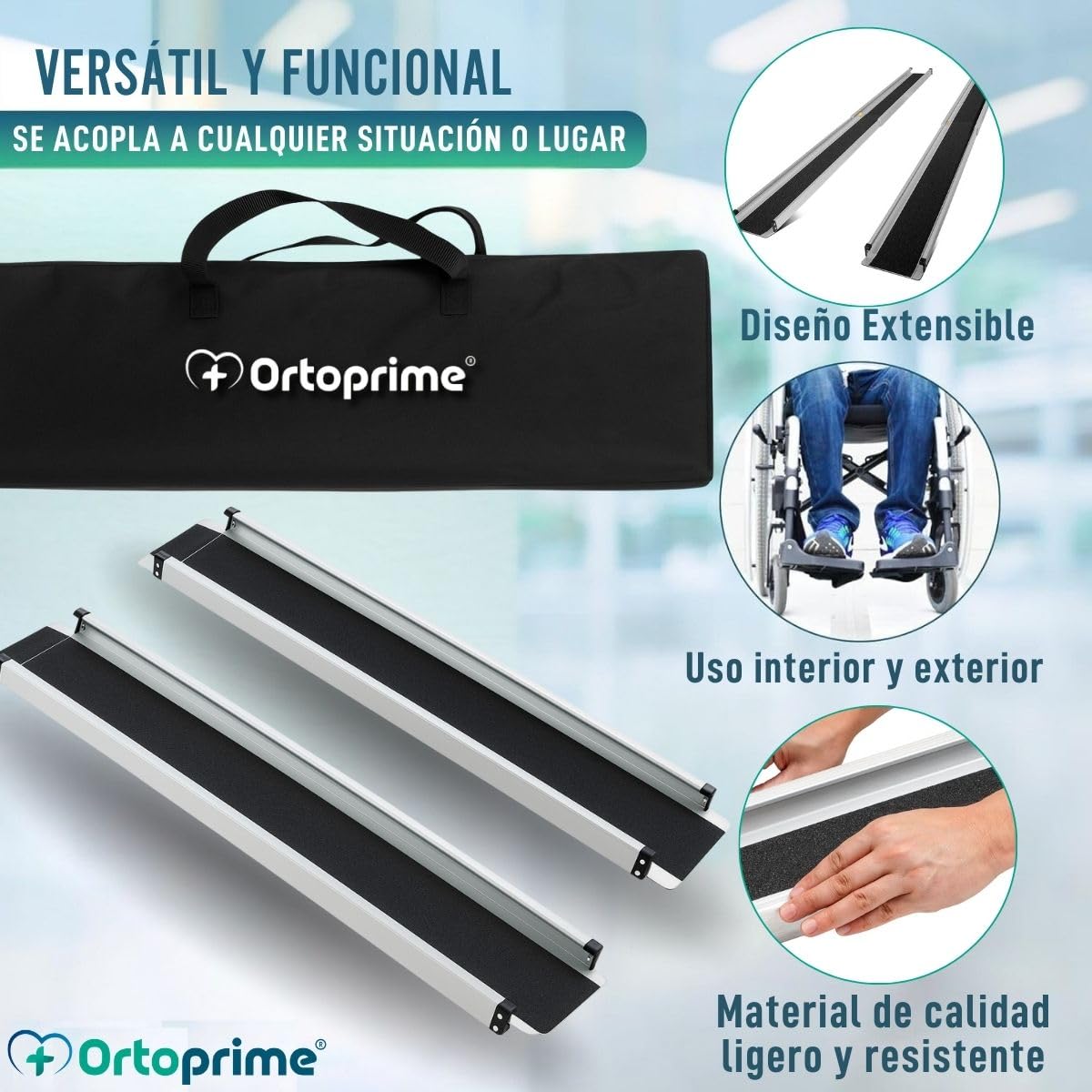 OrtoPrime Rampas Telescópicas para Silla de Ruedas Pack X2 Extensibles Rampas Minusválidos Antideslizantes - Rampa Salva Escalones Aluminio escalón PORTÁTIL - Rampa Silla de Ruedas Salvaescaleras