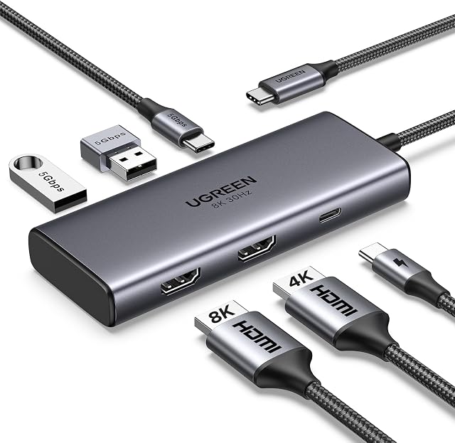 UGREEN 6 en 1 Station d'accueil pour Ordinateur portable Dual Monitor, Dual 4K@60Hz Single 8K@30Hz 85W Chargement rapide, 2 USB Ports de données A&USB C 5Gbps, USB C Dock Compatible avec MacBook Air/Pro, HP, ASUS, XPS13/15