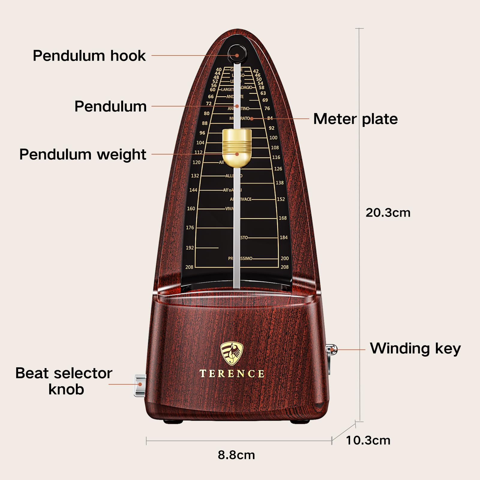 Metrónomo TERENCE Metrónomo mecánico de alta precisión con campana acentuada, tiempo preciso, duradero para piano, violín, batería, bajo, guitarra, adecuado como regalo color nuez