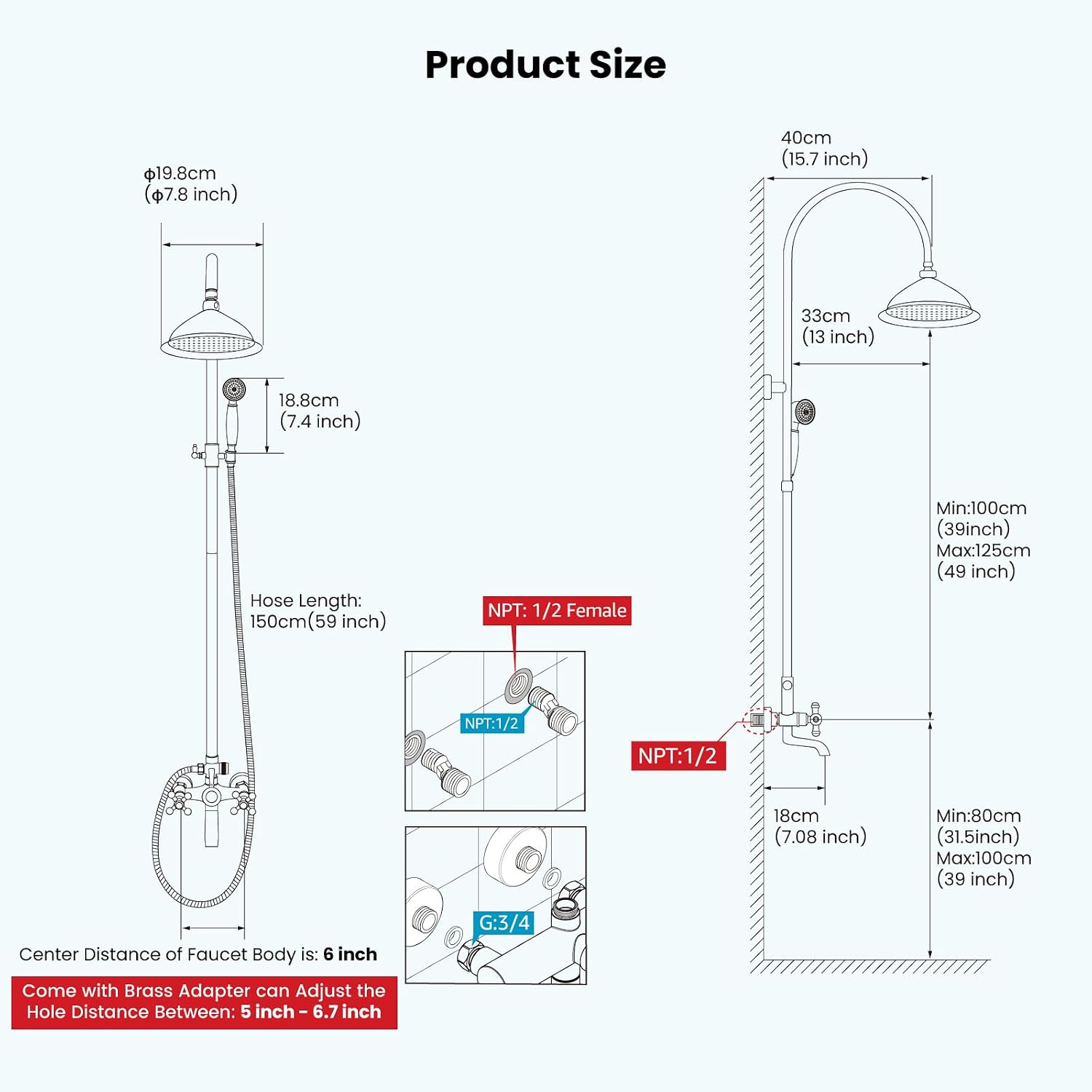 gotonovo Bathroom Classic Exposed Shower Faucet Wall Mount Shower System 8 Inch Luxurious Rainfall Shower Head Set with Tub Spout and Handheld Spray Double Cross Handles Polished Gold