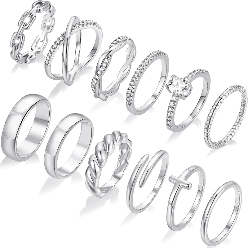 FAXHION 12 anillos delicados de oro de 14 quilates para mujer, diseño de cruz de diamante de imitación abierto de eternidad, anillo de pulgar apilable chapado en oro que no se deslustra, perfecto para alianzas de boda de tamaño 5-11
