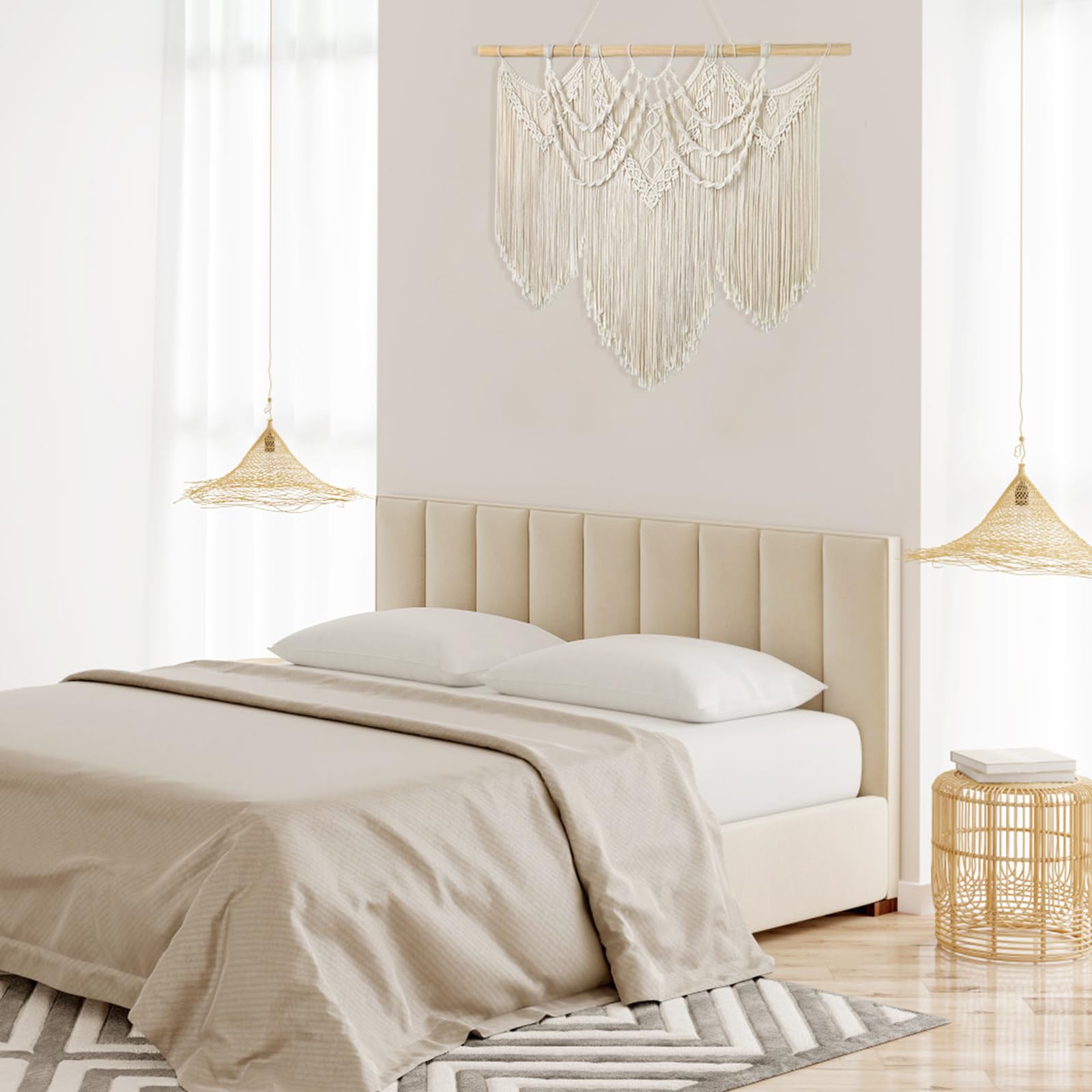 UXORSN Grande Tenture Murale Tapisseries Décoratives Macramé Mural Tissée à la Main Art Murale Beige en Corde de Coton Naturel Bohème Chic Décoration Pour Chambre à Coucher Salon Bureau Appartement