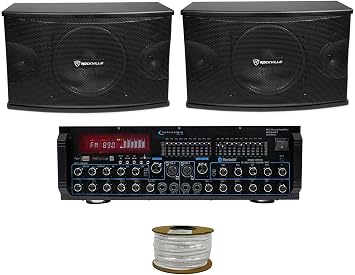 Pair Rockville KPS10 10" 3-Way 1200w Karaoke Speakers+Bluetooth Amplifier Mixer + Rockville R14GSBR100 Red/Blk 14 Gauge 100 Ft. Mini Spool Car Audio Speaker Wire