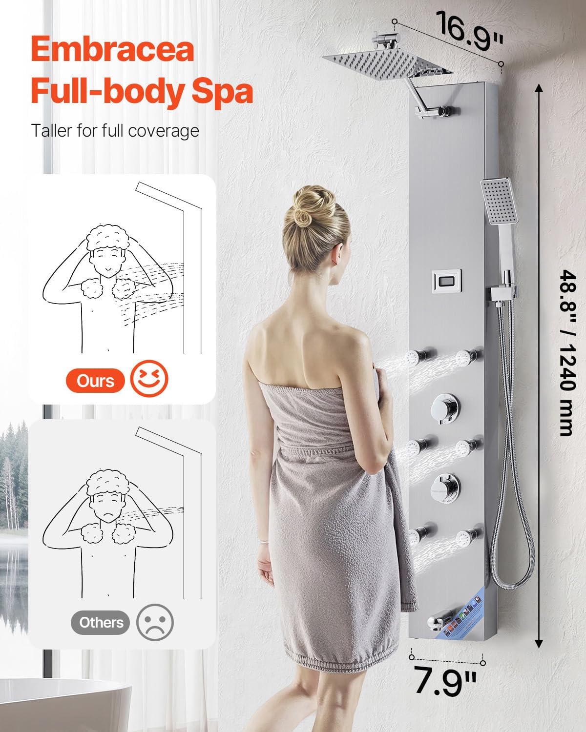 VEVOR Shower Panel Tower System with Rainfall Shower Head, LED, 49 in Brushed Stainless Steel Shower Column, 4-Function Faucet, Wall-Mount Rain Massage System with 6 Body Jets, Handheld, and Tub Spout