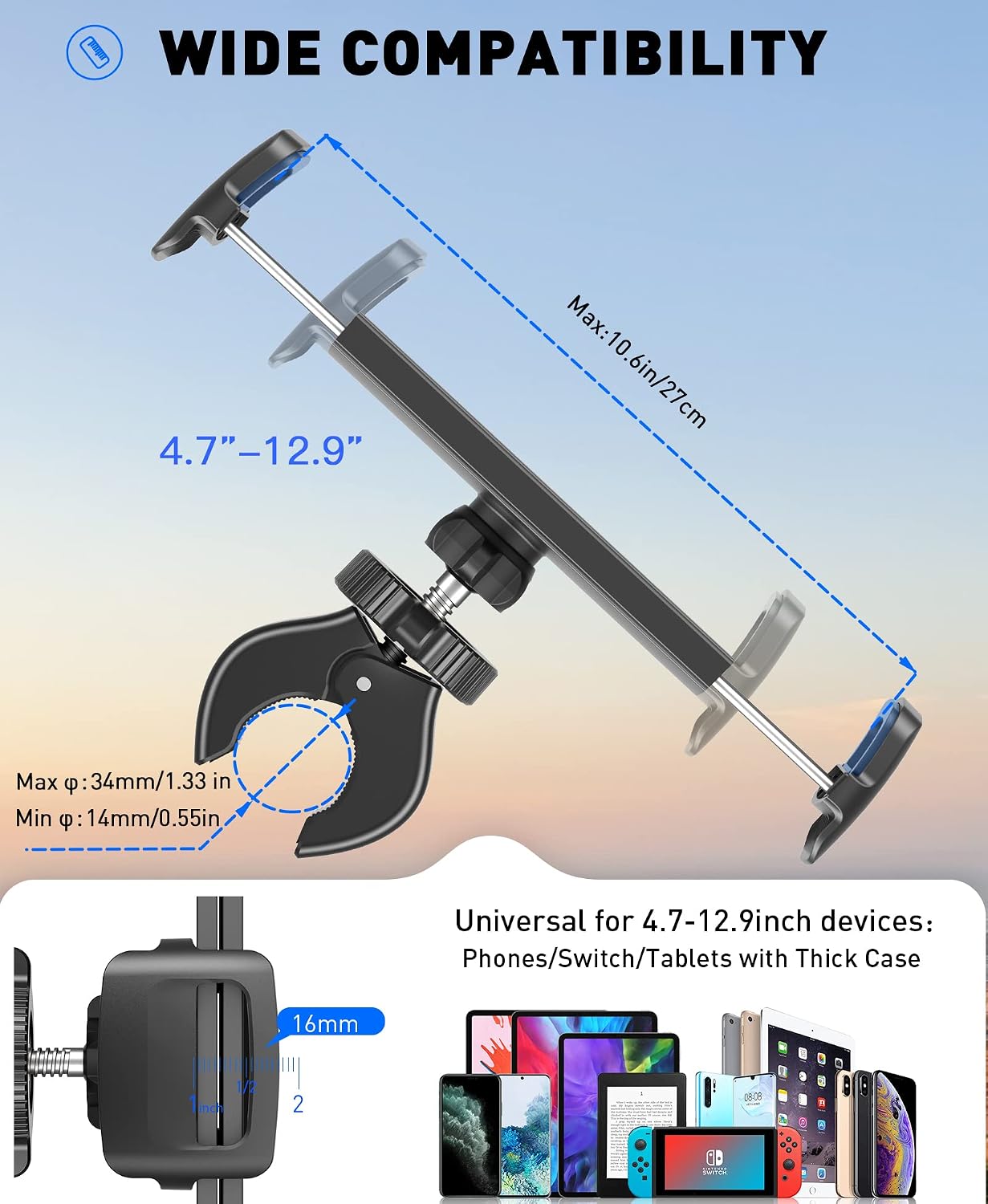 Tryone Tablet Holder Mount for Bike Tablet Stand for Indoor Stationary Exercise Bicycle, Stroller Handlebar, Treadmill, Mic Stand Clamp for iPad Pro/Air/Mini, Galaxy Tab, Phone, More 4.7-13" Device
