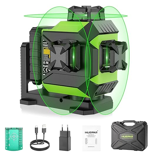 Huepar 603CG-BT, 3D 3X 360 Laser Level Green with Bluetooth & Pulse Mode, Switchable Cross Line Self Leveling 12 Lines, USB Rechargeable, 360 Vertical/Horizontal Lines, with 360° Magnetic Base+Bag